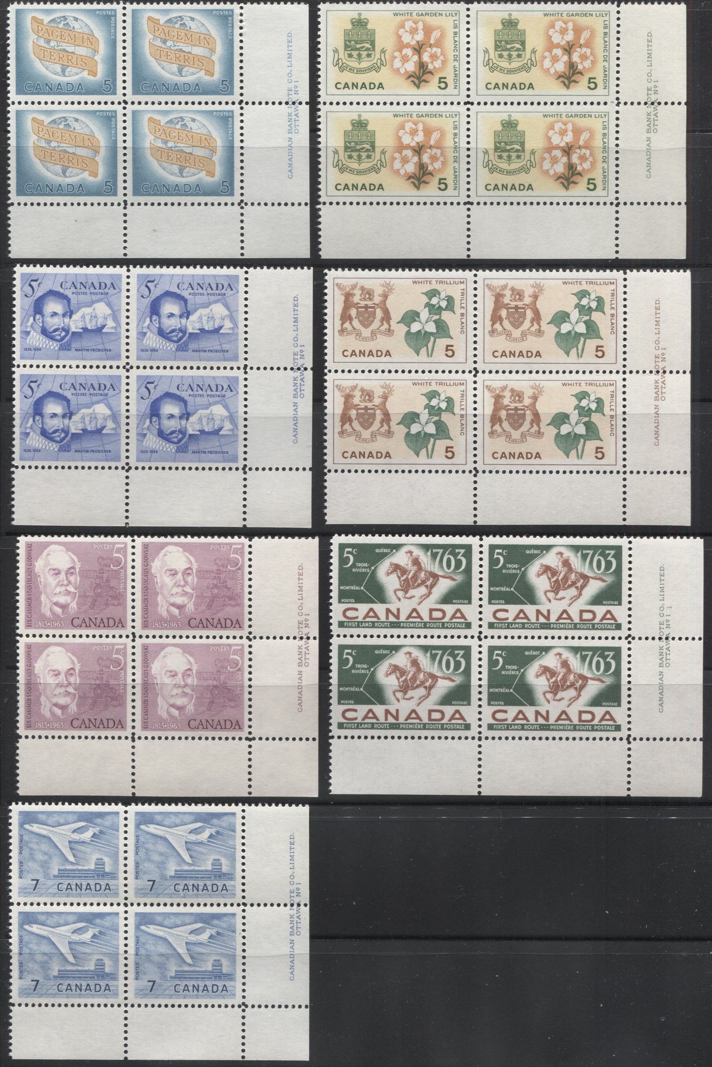 Lot 13 Canada #410, 412-414, 416-420 5c & 7c Rose Lilac - Blue Sir Casimir Gzowski - Jet Plane, 1963-1966 Commemoratives & Definitives, 9 VFNH UL Plate 1 Blocks Of 4, 417 With Fluorescent Ink