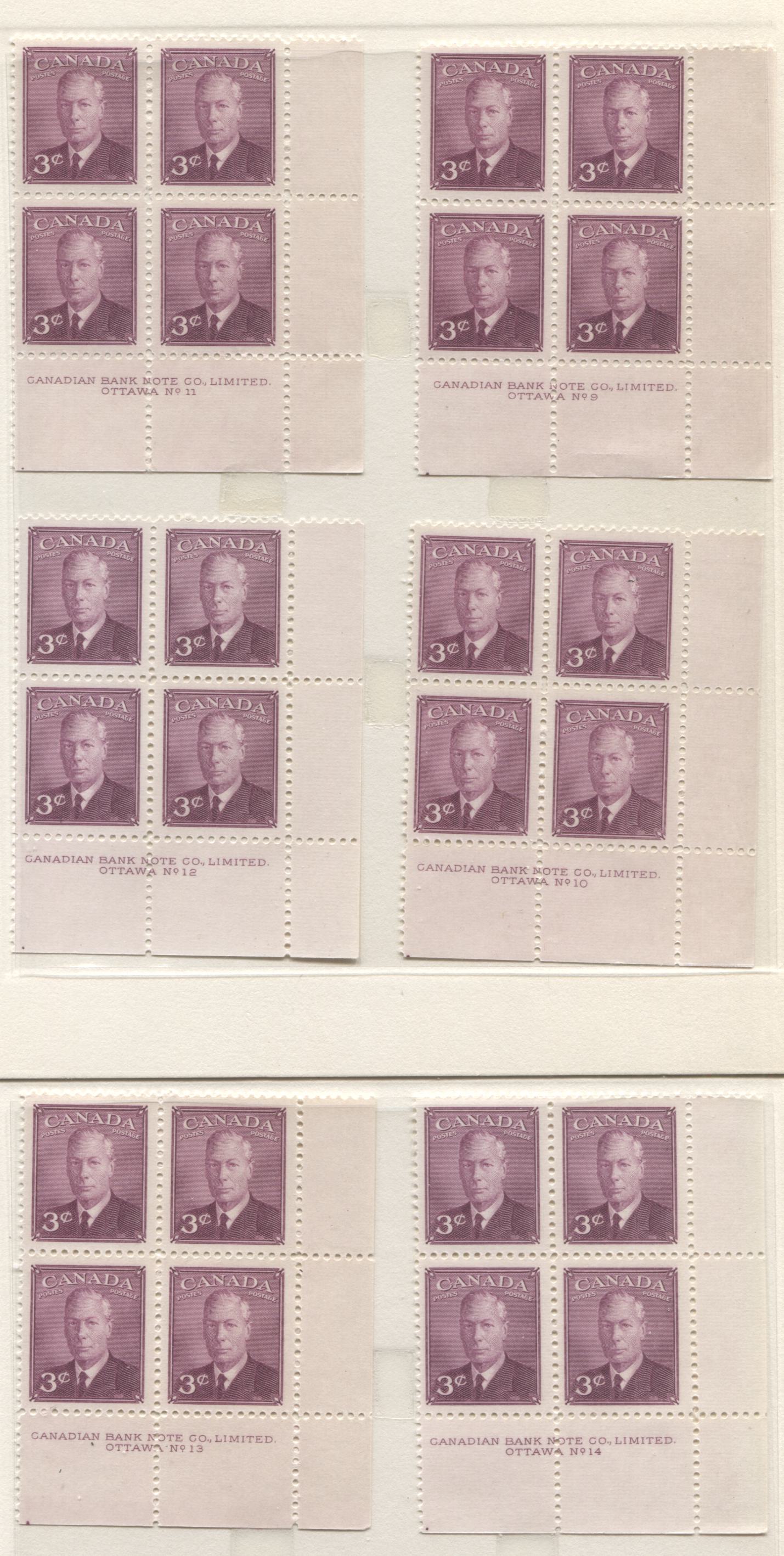 Lot 13 Canada #286 3c Rose Violet King George VI, 1949 Postes-Postage Issue, 6 VFNH LR Plates 9-14 Blocks Of 4