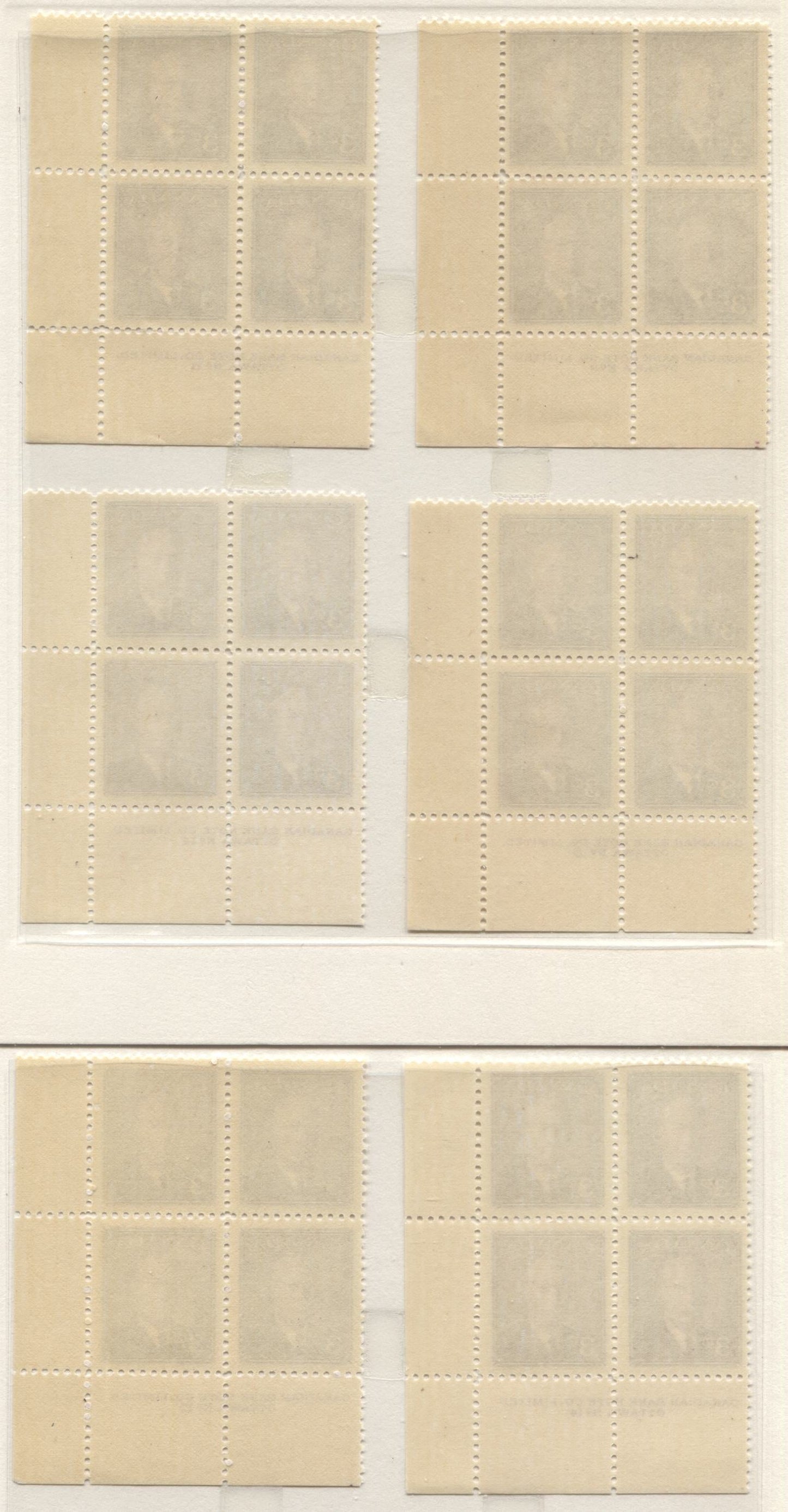 Lot 13 Canada #286 3c Rose Violet King George VI, 1949 Postes-Postage Issue, 6 VFNH LR Plates 9-14 Blocks Of 4