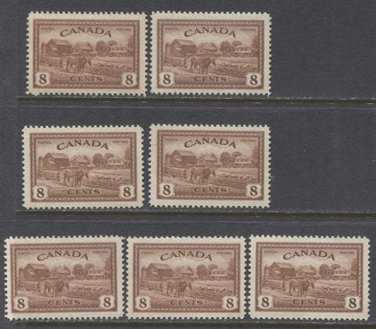 Lot 131 Canada #268 8c Red Brown Eastern Farm Scene, 1946 Peace Issue, 8 VFNH Singles, 7 Different Printings With Different Shades, Papers and Gums