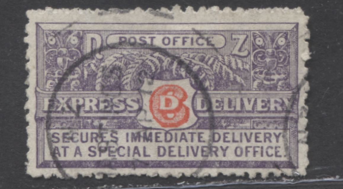 Lot 132 New Zealand SC# 6d Violet and Scarlet, Perf. 11 1906-1926 Special Delivery Issue, A Fine Used Example, 2017 Scott Cat $50 USD, Click on Listing to See ALL Pictures