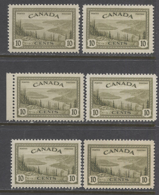 Lot 132 Canada #269 10c Olive Great Bear Lake, 1946 Peace Issue, 6 VFNH Singles, 6 Different Printings With Shade, Paper & Gum Differences
