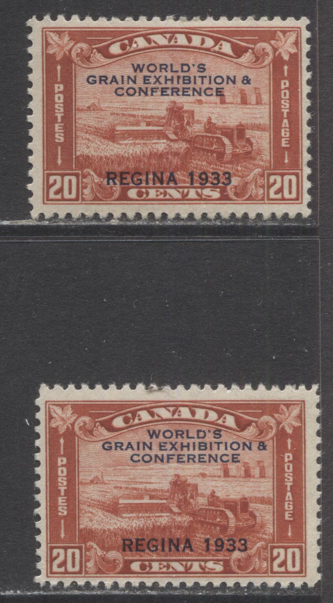 Lot 132 Canada #203 20c Brown Red Harvesting Wheat Overprint, 1933 Grain Exhibition Issue, 2 FOG Singles Showing Two Different Shades, With Deep Cream Gum