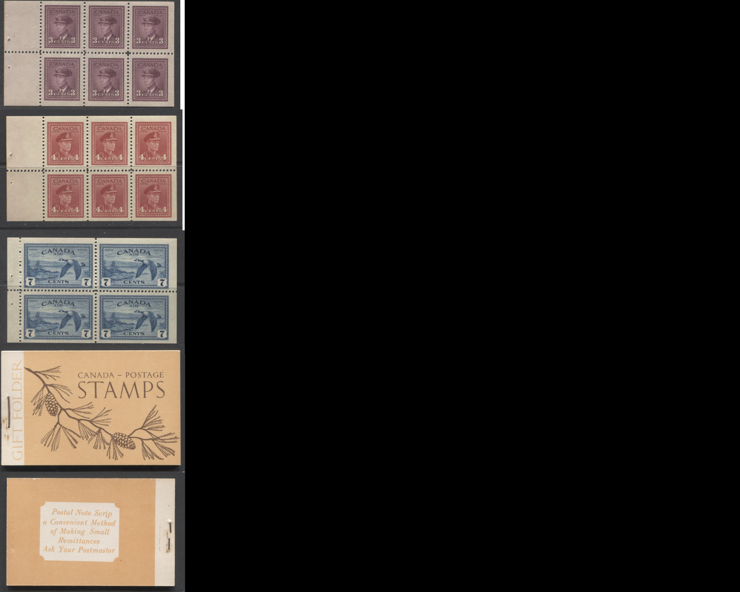 Canada #BK39a (McCann #39b) 1942-1949 War Issue Complete $1.00 English, Booklet Containing 1 Pane Each of 6 of 3c and 4c Plus 2 Panes of 4 7c Airmail Stamps, 14 mm Staple