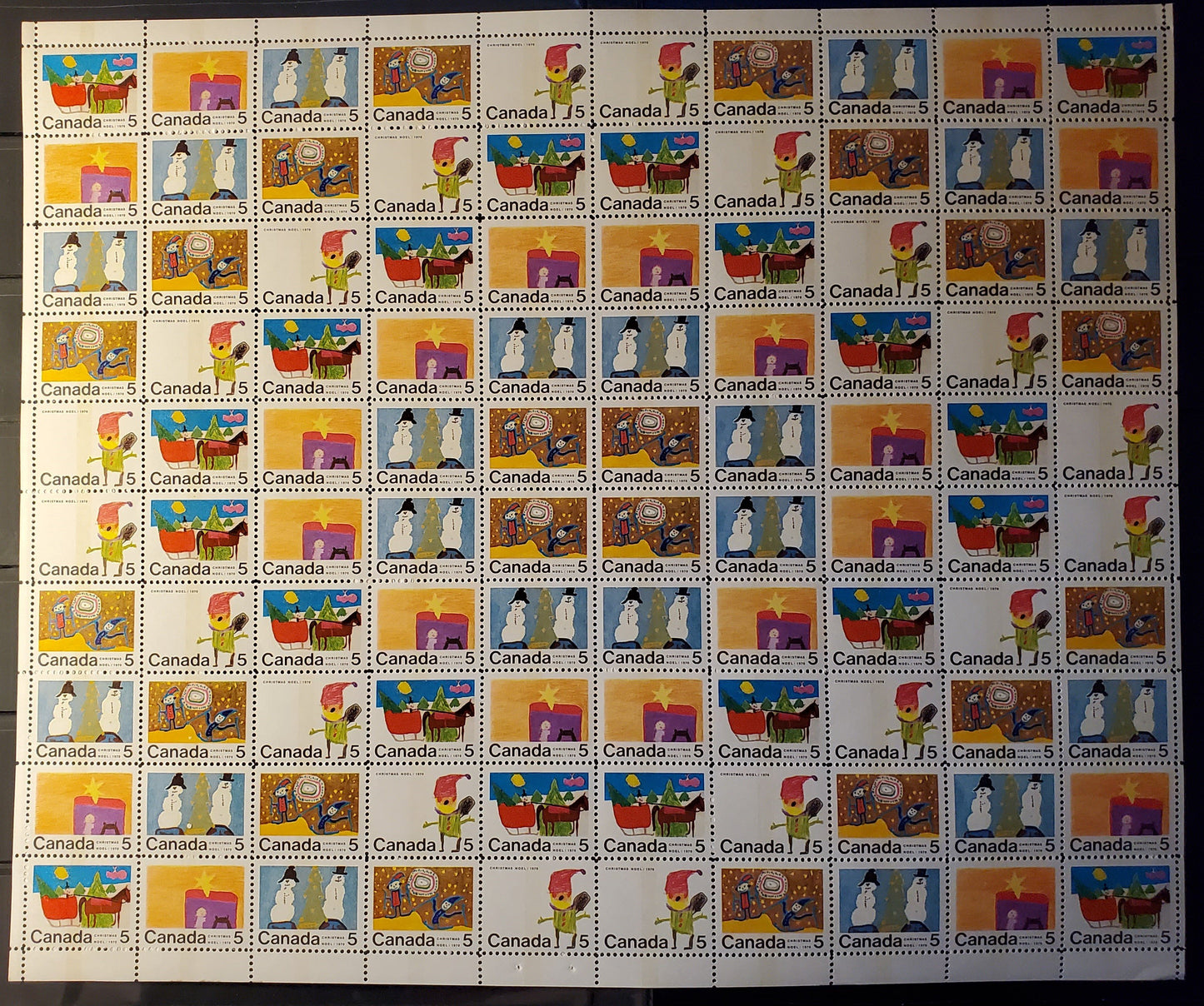 Lot 132 Canada #519p-523p 5c Multicoloured 1970 Christmas Issue, A complete Winnipeg Tagged, Unfolded Sheet of 100 Containing Combination #5 of Constant Varieties, Ribbed HB11 Paper, Perf. 11.9