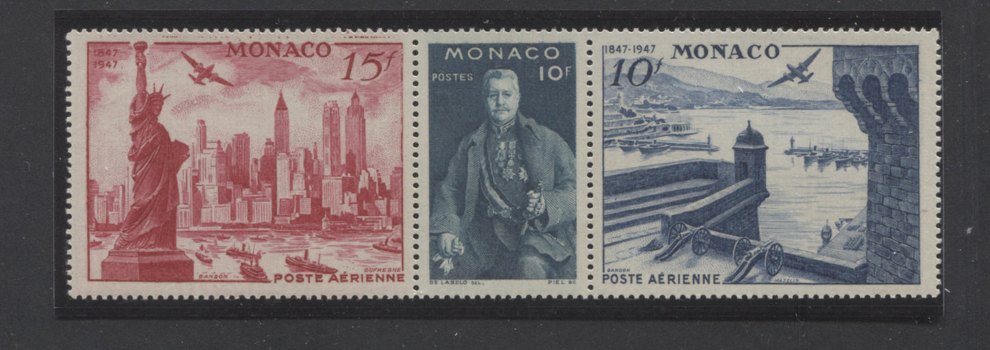 Lot 133 Monaco SC#C20a 10f & 15f Green, Blue & Red 1947 Airmail, A VFNH Se-Tenant Strip of 3, 2017 Scott Cat. $13.85 USD, Click on Listing to See ALL Pictures