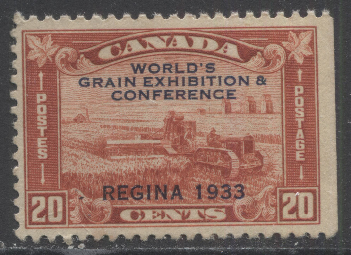 Lot 133 Canada #203var 20c Brown Red Harvesting Wheat Overprint, 1933 Grain Exhibition Issue, A FOG Single With A Period To Left Of "Regina" In Overprint