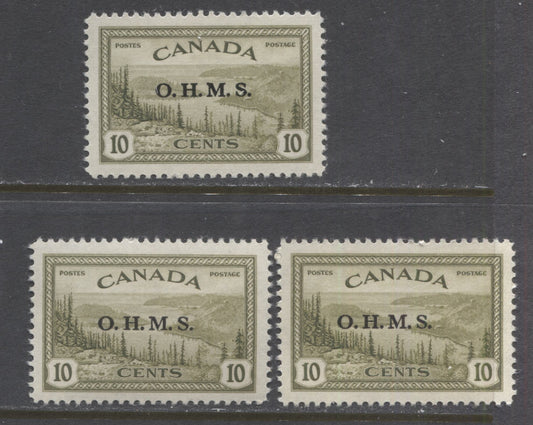 Lot 133 Canada #O6 10c Olive Great Bear Lake, 1946 Peace Issue With OHMS Overprint, 3 VFLH Singles, 6 Different Printings With Shade, Paper & Gum Differences