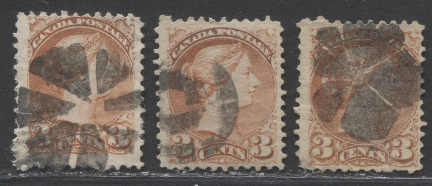 Lot 134 Canada #37e 3c Red Queen Victoria, 1870-1897 Small Queen Issue, Three VG and Fine Used Examples M, 11.75 x 12, Thick Horizontal Wove and Soft Horizontal Wove, With Double Circle and Circle of Wedges Cork Cancels