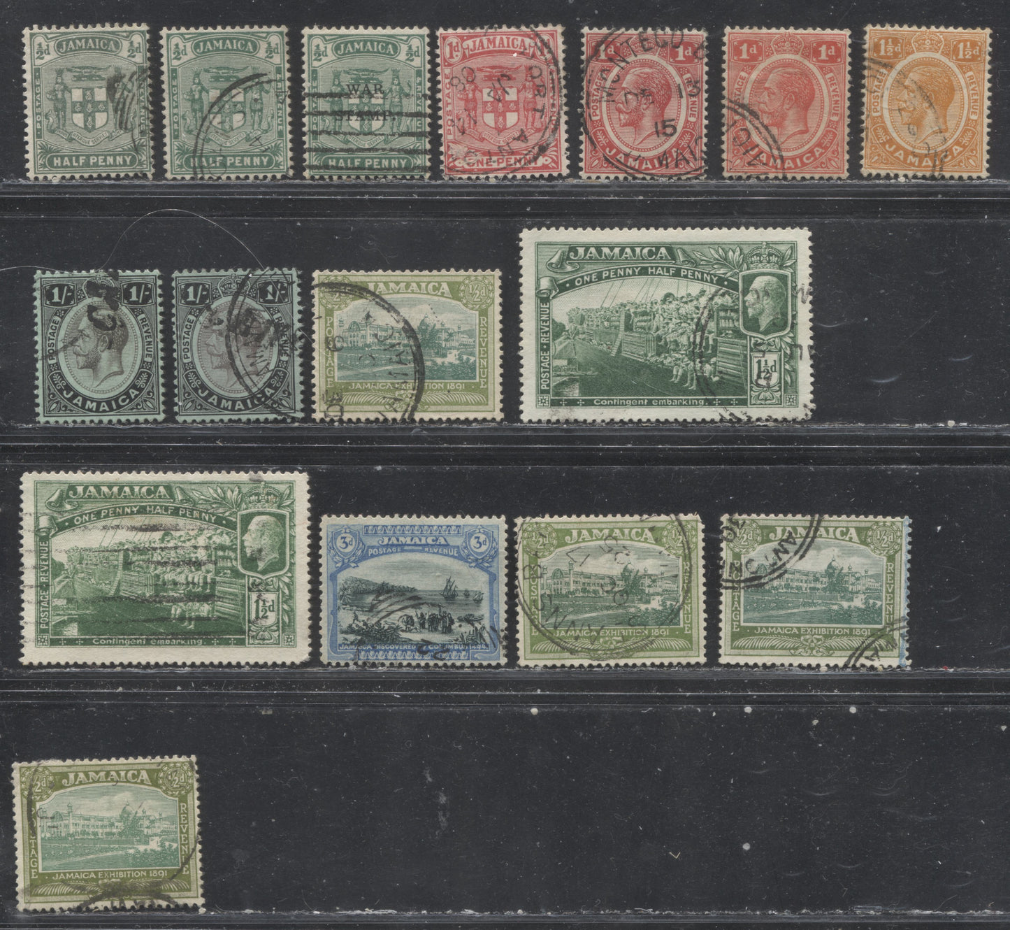 Lot 134 Jamaica SG#37/94a 1/2d - 1/- Green - Black on Green Various Designs, 1905-1921 Keyplate and Engraved Definitive Issues, 16 Fine and VF Used Singles, Multiple Crown & Script CA Watermark, Including Listed & Unlisted Shades