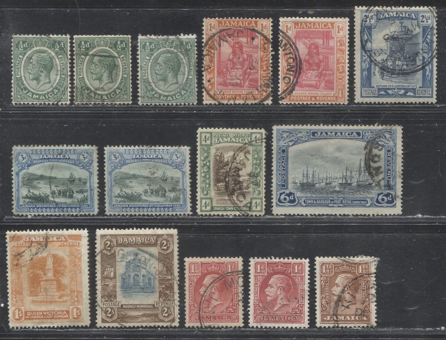 Lot 135 Jamaica SG#92/110 1/2d 2/- Green - Chocolate & Grey Blue Various Designs, 1921-1932 Keyplate and Engraved Definitive Issues, 15 Fine and VF Used Singles, Script CA Watermark, Dies 1 & 2, Including Listed & Unlisted Shades