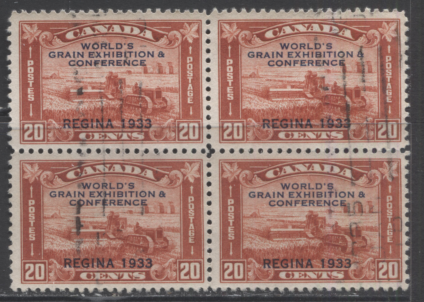 Lot 136 Canada #203i 20c Brown Red Harvesting Wheat Overprint, 1933 Grain Exhibition Issue, A Fine Used Block Of 4 Showing Broken X Variety In Block With 3 Normal