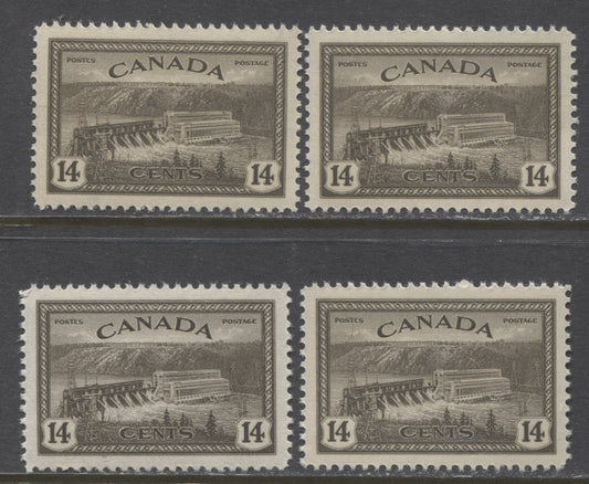 Lot 136 Canada #270 14c Black Brown Hydroelectric Station, 1946 Peace Issue, 4 VFNH Singles, 4 Printings With Different Shades & Gums