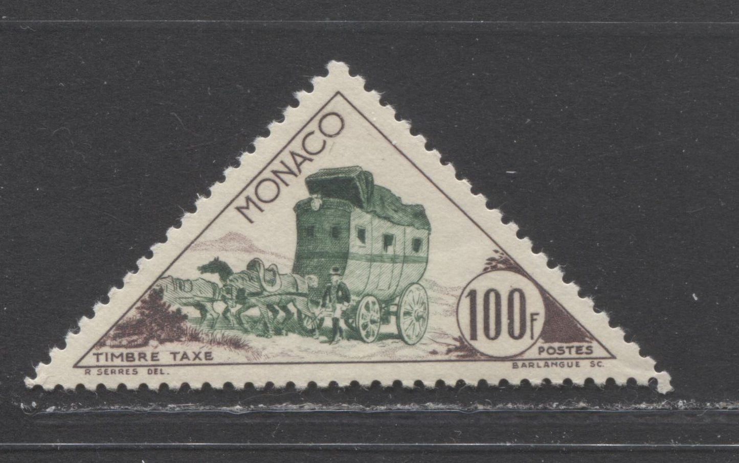 Lot 136 Monaco SC#J47 100f Green & Violet Brown 1953-1954 Postage Dues, A VFOG Example, 2017 Scott Cat. $13.5 USD, on Listing to See ALL Pictures