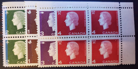 Lot 102 Canada #401p-404p 1c-4c Brown-Carmine, 1962-1963 Queen Elizabeth - Cameo Issue, 4 VFNH Blocks Of 4 Tagged, 404 WCB 4mm Bars/Pane. All Light Bluish White Tagging Except 2c(Bright Bluish White Tagging)