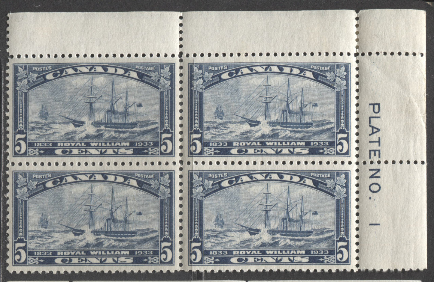 Lot 138 Canada #204 5c Dark Blue Royal William, 1933 Royal William Issue, A VFNH UR Plate 1 Block Of 4