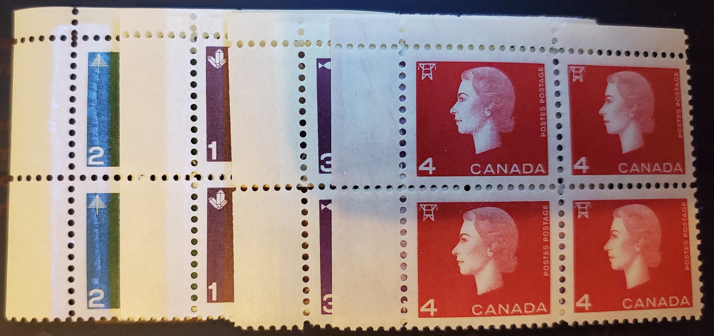 Canada #401p-404p 1c-4c Brown-Carmine, 1962-1963 Queen Elizabeth - Cameo Issue, 4 VFNH Blocks Of 4 Tagged, 4c Is WCB 4mm Bars/Pane. All Light Bluish White Tagging Except 2c (Bright Bluish Tagging)