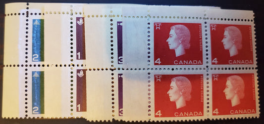 Canada #401p-404p 1c-4c Brown-Carmine, 1962-1963 Queen Elizabeth - Cameo Issue, 4 VFNH Blocks Of 4 Tagged, 4c Is WCB 4mm Bars/Pane. All Light Bluish White Tagging Except 2c (Bright Bluish Tagging)