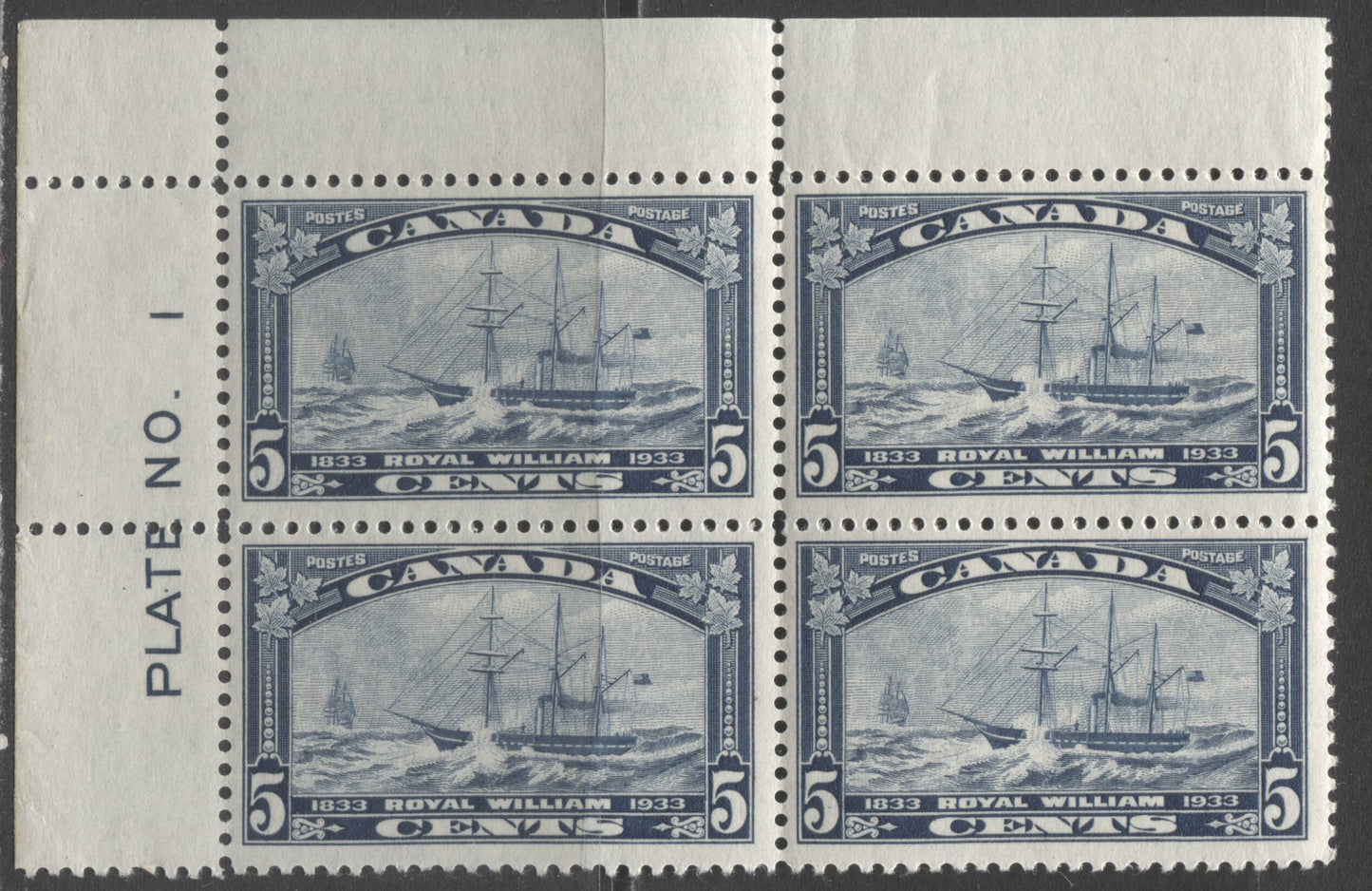 Lot 139 Canada #204 5c Dark Blue Royal William, 1933 Royal William Issue, A FNH UL Plate 1 Block Of 4 With Cream Gum