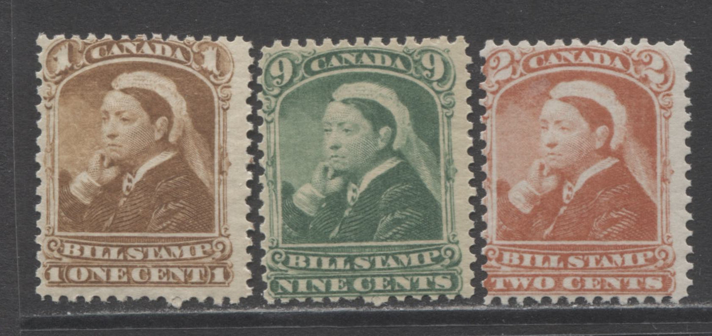 Lot 139 Canada #FB37, FB39, FB46 1c, 2c & 9c Brown, Carmine & Green Queen Victoria, 1868-1880 Third Bill Issue, 3 Very Good-Fine NH Singles On Different Papers With Different Perfs & Gums