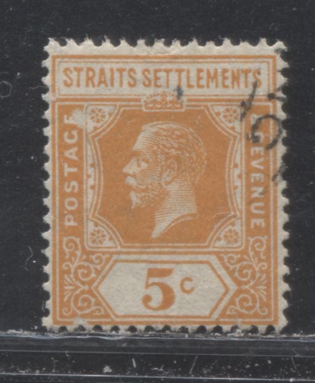 Lot 139 Malaya - Straits Settlements SG#225avar 5c Orange King George V, 1921-1932 Imperial Keyplate Issue, An Unlisted Fine Used Single, Script CA Watermark, Die 2, Large White Patch Near E of Postage