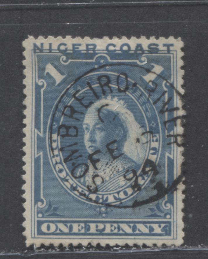 Lot 139 Niger Coast SC#38 (SG#46c) One Penny Dull Blue 1893 Obliterated Oil Rivers Issue, Perf 14.5 - 15, A Very Fine Used Example, Click on Listing to See ALL Pictures, 2022 Scott Classic Cat. $5.25 USD