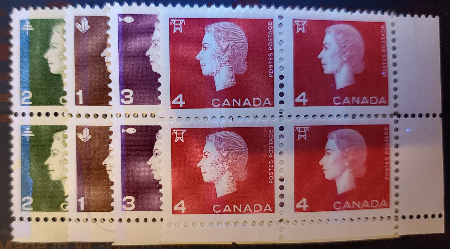 Lot 14 Canada #401-404p 1c-4c Brown-Carmine, 1962-1963 Queen Elizabeth - Cameo Issue, 4 VFNH Blocks Of 4 Tagged, 4c Is WCB 4mm Bars/Pane. All Light Bluish White Tagging Except 2c (Bright Bluish Under Short Wave UV)