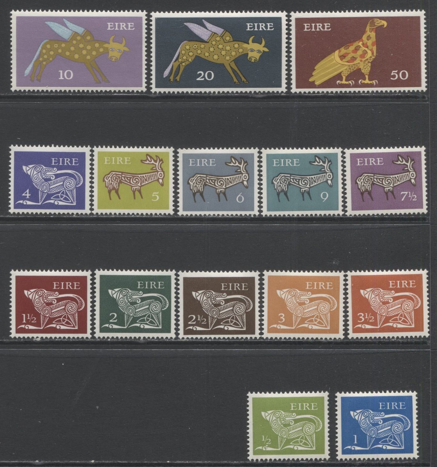 Lot 140 Ireland SC#290-304 1971-1975 Decimal Ancient Design Definitives, A F/VFOG Range Of Singles, 2017 Scott Cat. $46.05 USD, Click on Listing to See ALL Pictures