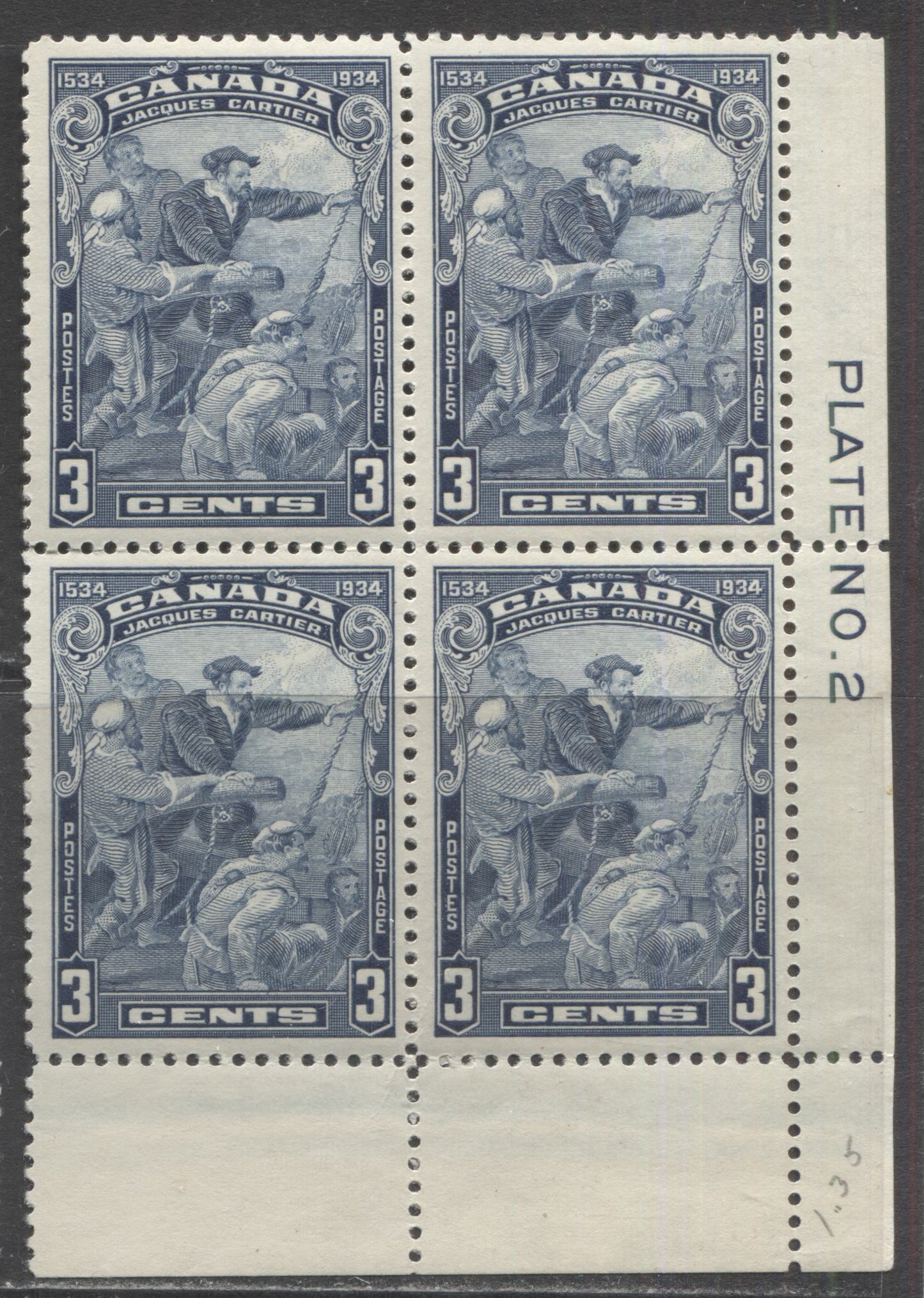 Lot 140 Canada #208 3c Blue Jacques Cartier, 1934 Jacques Cartier Issue, A FOG LR Plate 2 Block Of 4 With Cream Gum