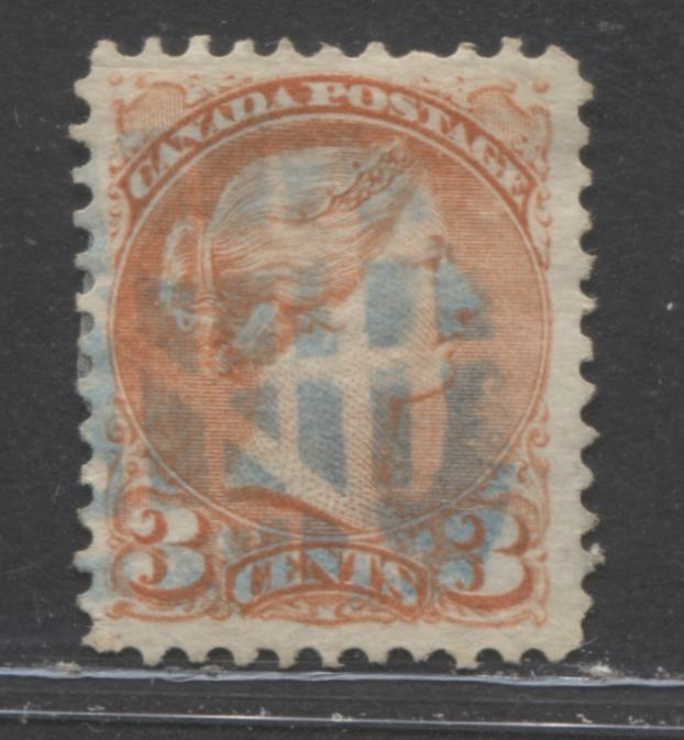 Lot 140 Canada #37iii 3c Orange Red Queen Victoria, 1870-1897 Small Queen Issue, A VF Used Example Montreal, 11.75 x 12, Stout Horizontal Wove, With Blue Segmented Cork Cancel