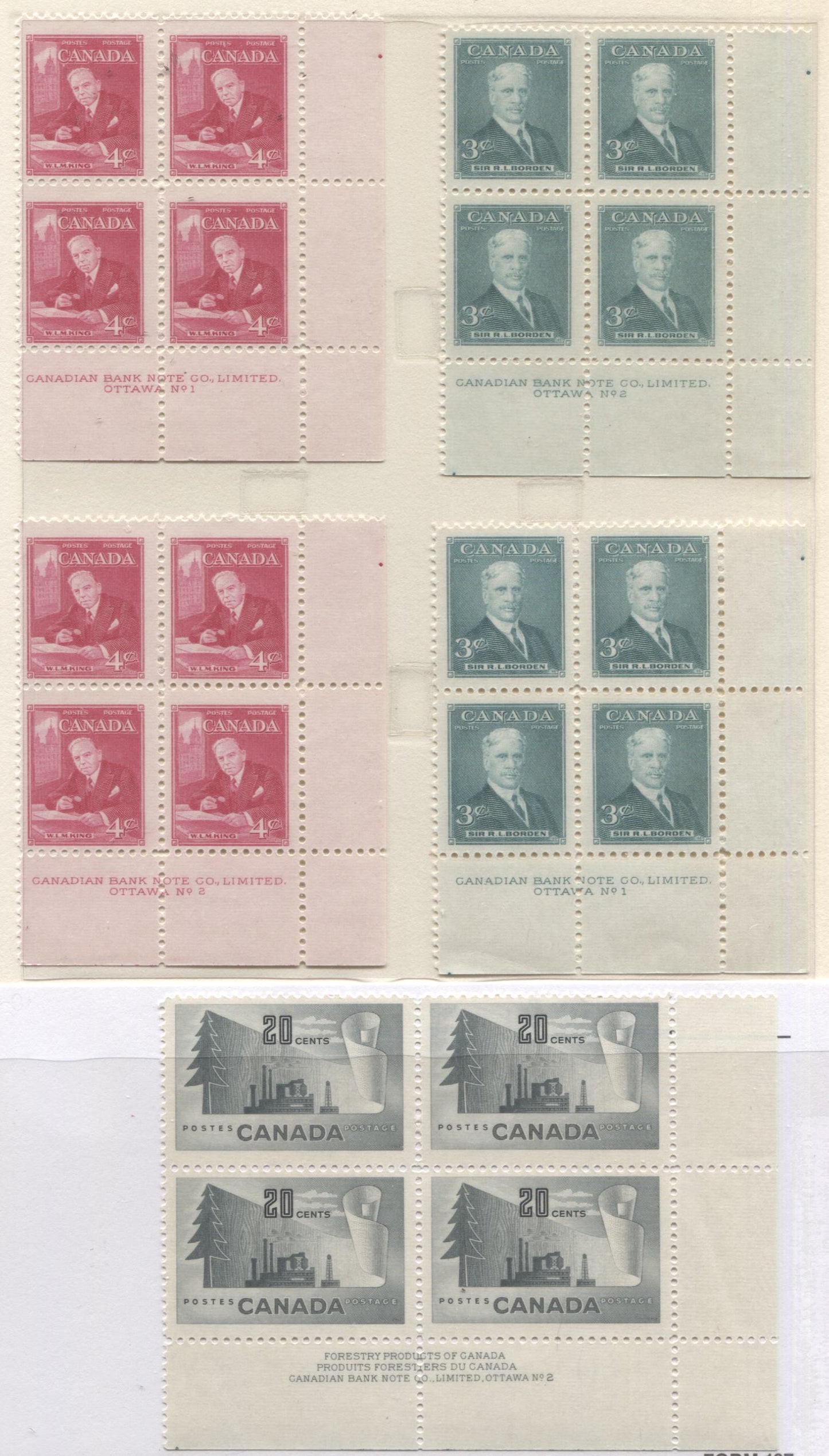 Lot 14 Canada #303-304, 316 3c - 20c Turquoise Green - Gray Sir Robert Borden - Paper Mill, 1951-1952 Commemorative Issues, 5 F/VFNH LR Plates 1-2 Blocks Of 4