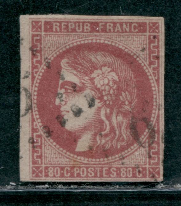Lot 14 France SC#48 80c Rose on Pinkish 1870-1871 Imperforate Bordeaux Issue, A Fine Used Example, Net Estimated Value $125, Click on Listing to See ALL Pictures