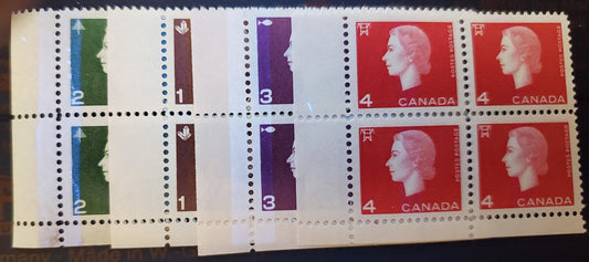 Canada #401p-404p 1c-4c Brown-Carmine, 1962-1963 Queen Elizabeth - Cameo Issue, 4 VFNH Blocks Of 4 Tagged, 4c is WCB, All Light Bluish White Tagging Except The 2c (Bright Bluish Under UV)