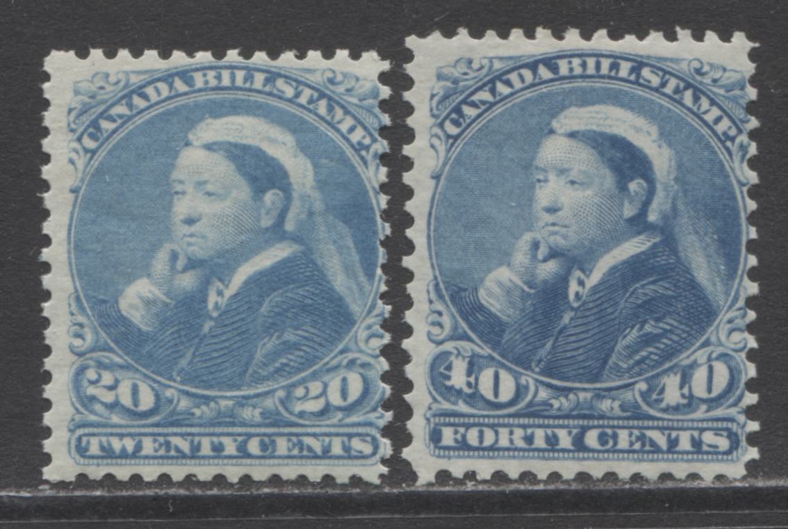 Lot 141 Canada #FB48, FB50 20c & 40c Blue Queen Victoria, 1868-1880 Third Bill Issue, 2 Very Good-Fine NH Singles On Different Papers With Different Gums, Perf 12