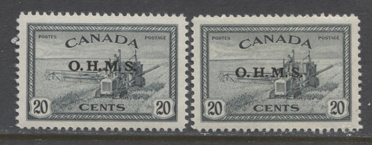 Lot 141 Canada #O8 20c Slate Black Combine Harvesting, 1946 Peace Issue With OHMS Overprint, 2 VFLH and NH Singles, 2 Different Printings With Semi Glossy Light Cream Gum