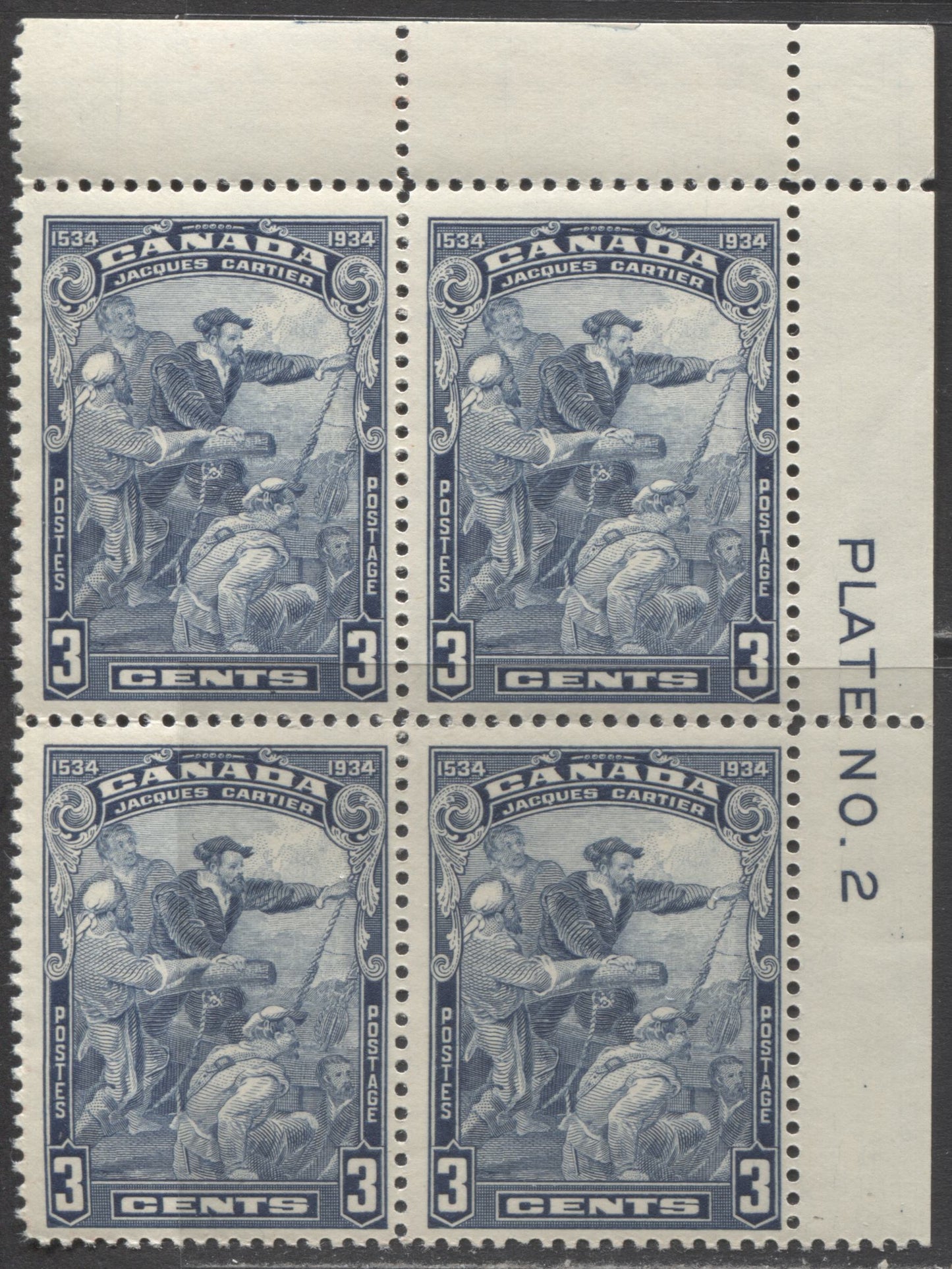 Lot 141 Canada #208 3c Blue Jacques Cartier, 1934 Jacques Cartier Issue, A FNH UR Plate 2 Block Of 4 With Deep Cream Gum