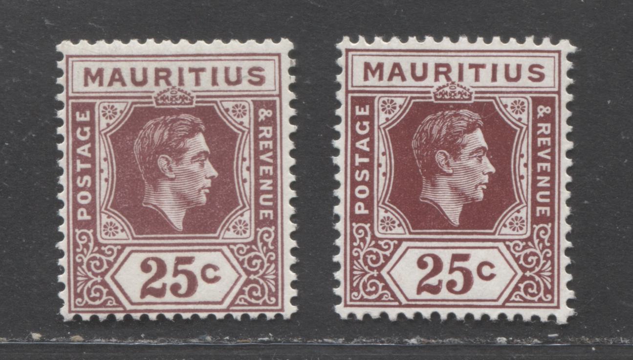 Lot 141 Mauritius SC#218-218a 25c Maroon 1938-1943 King George VI Definitives, A F/VFOG Range Of Singles, Ordinary and Chalky Papers, 2017 Scott Cat. $18.25 USD, Click on Listing to See ALL Pictures