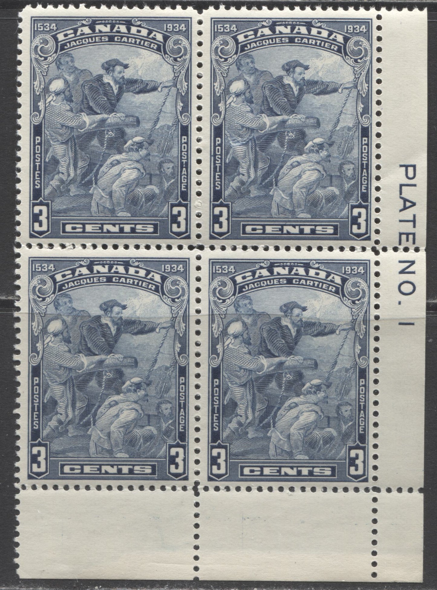Lot 143 Canada #208iii 3c Blue Jacques Cartier, 1934 Jacques Cartier Issue, A VFNH/LH LR Plate 1 Block Of 4 Showing Hairline From Hand, Pos 89
