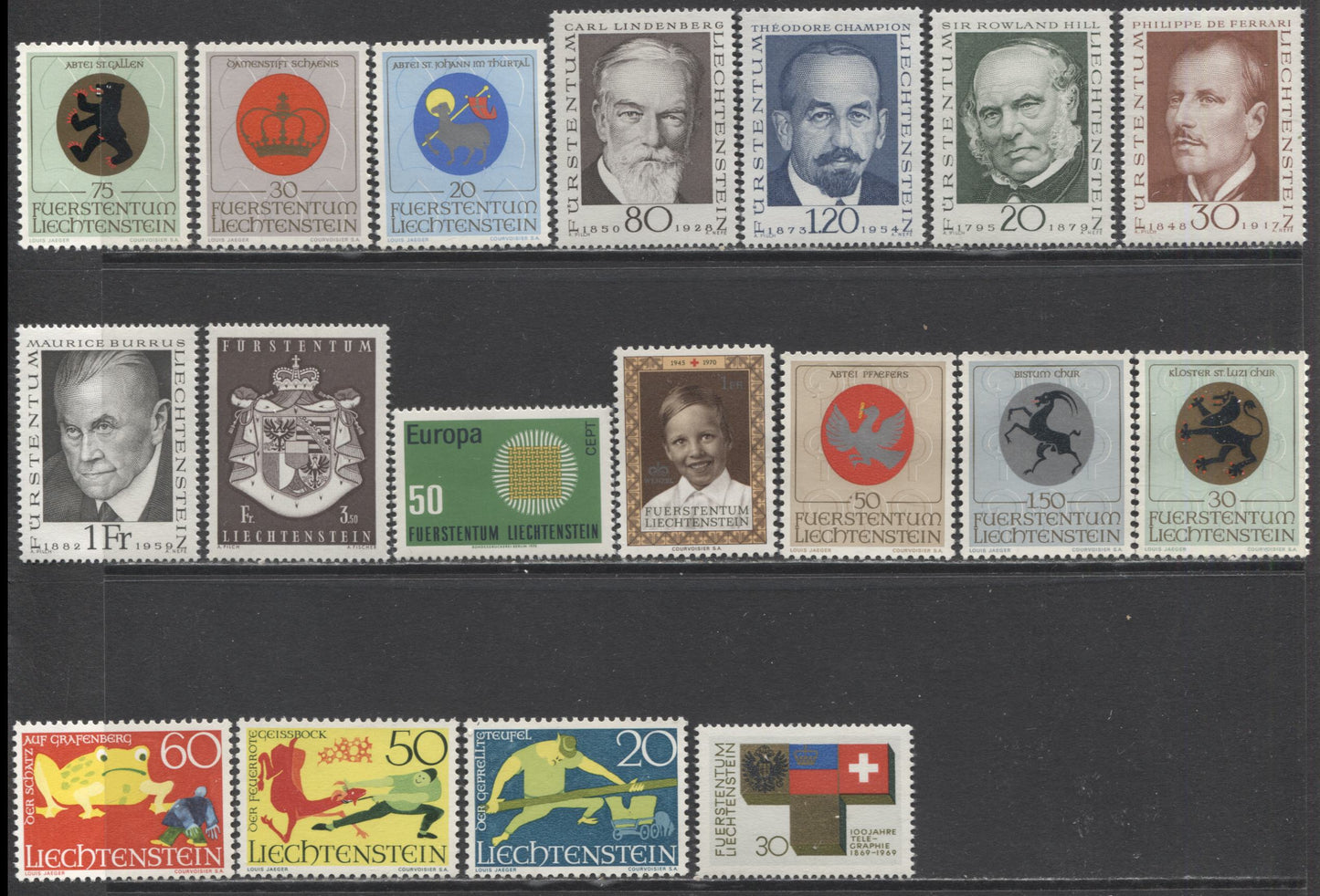 Lot 143 Liechtenstein SC#405/485 1965-1970 Commemoratives, A VFNH & OG Range Of Singles, 2017 Scott Cat. $20.15 USD, Click on Listing to See ALL Pictures