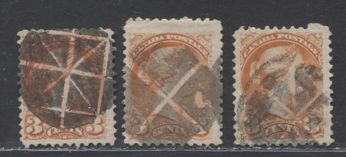 Lot 143 Canada #37iii 3c Orange Red Queen Victoria, 1870-1897 Small Queen Issue, Three Fine Used Examples Montreal, 11.75 x 12, Stout Horizontal and Vertical Wove, With Clear Strikes of Fancy Geometric Cork Cancels
