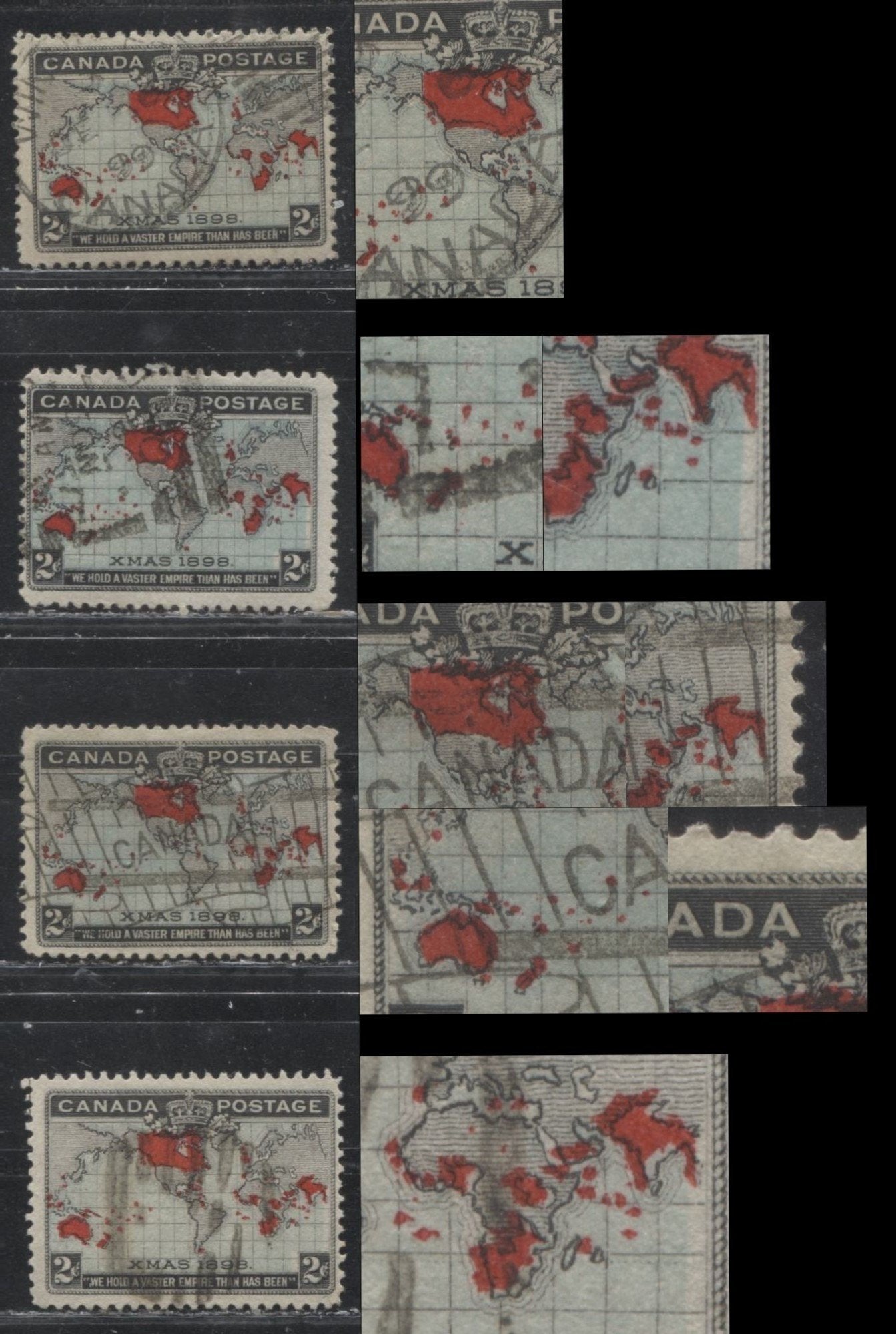 Lot 144 Canada #86 2c Greenish Blue, Black and Carmine Mercator's Projection, 1898 Imperial Penny Postage Issue, Fine Used Examples, All Showing Different Extra Islands Varieties