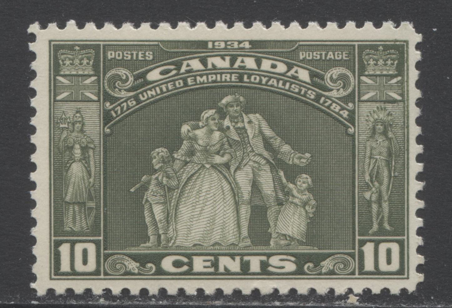 Lot 144 Canada #209 10c Olive Green Loyalist Statues, 1934 Loyalist Issue, A VFNH Single On Cream Gum With A Smudged Flag On Right Side