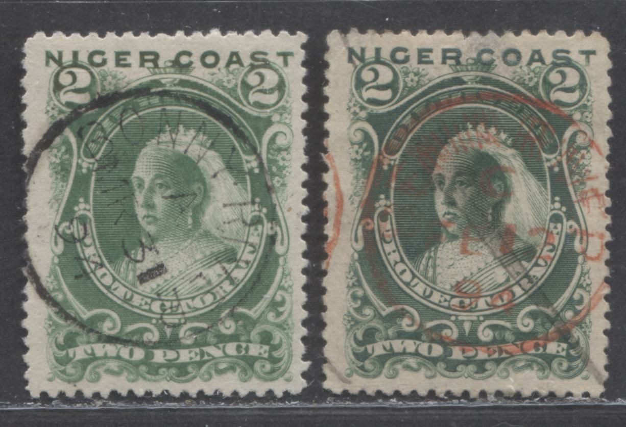 Lot 144 Niger Coast SC#39 (SG#47d) Two Pence Green, Deep Green 1893 Obliterated Oil Rivers Issue, Perf 13.5 - 14., A Fine Used, Very Good Used Example, Click on Listing to See ALL Pictures, Estimated Value $25 USD