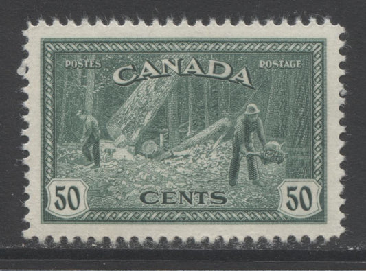Lot 144 Canada #272 50c Dark Blue Green Logging, 1946 Peace Issue, A VFLH Single With Horizontal Ribbed Paper And Cream Gum
