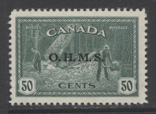 Lot 145 Canada #O9 50c Dark Blue Green Logging, 1946 Peace Issue With OHMS Overprint, A Fine LH Single With Semi Glossy Cream Gum