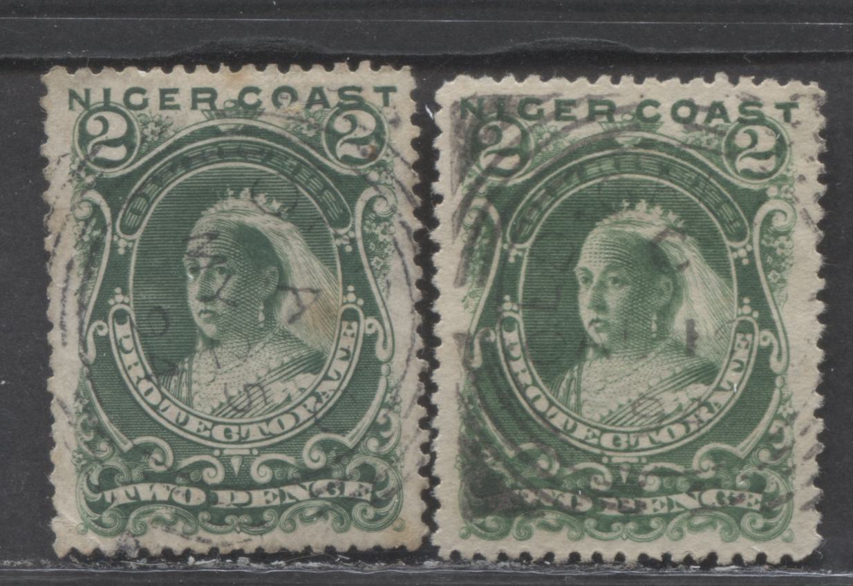 Lot 145 Niger Coast SC#39 (SG#47d) Two Pence Green, Deep Green 1893 Obliterated Oil Rivers Issue, Perf 13.5 - 14., A Fine - Very Fine Used Example, Click on Listing to See ALL Pictures, Estimated Value $30 USD