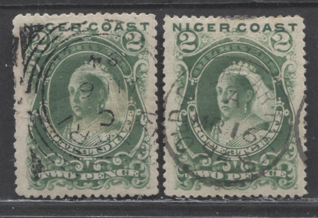 Lot 146 Niger Coast SC#39 (SG#47d, 47e) Two Pence Green 1893 Obliterated Oil Rivers Issue, Perf 13.5 - 14 & 13.5 - 14, Comp 12 - 13., A Fine - Very Fine Used Example, Click on Listing to See ALL Pictures, Estimated Value $45 USD