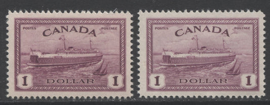 Lot 146 Canada #273 $1 Red Violet Train Ferry, 1946 Peace Issue, 2 VFLH Singles On Vertical Wove Paper With Cream Gum, 2 Shades