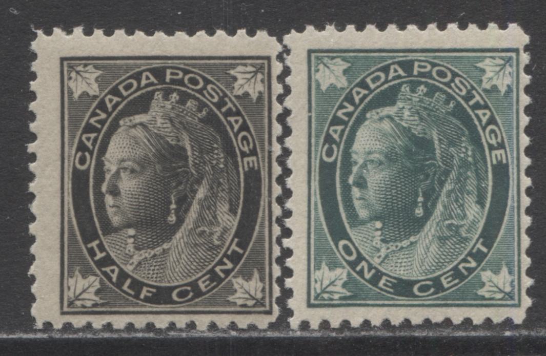 Lot 146 Canada #66, 67 1/2c & 1c Black & Blue Green Queen Victoria, 1897-1898 Maple Leaf Issue, 2 Fine NH Singles On Vertical Wove Paper