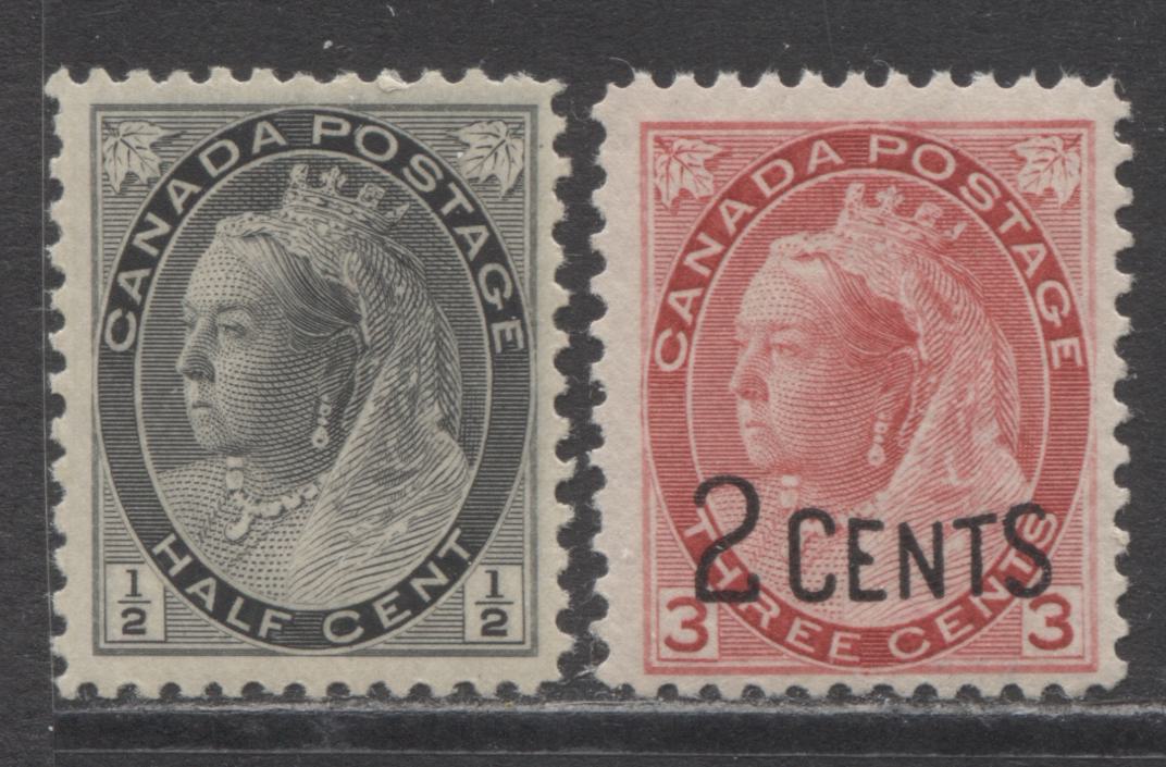 Lot 147 Canada #74i, 88 1/2c & 2c on 3c Gray & Carmine Red Queen Victoria, 1898-1902 Numeral & Provisional Issues, 2 Fine NH Singles